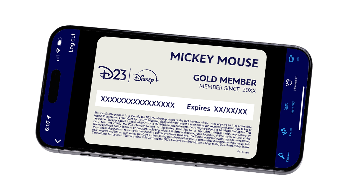 The image displays a digital D23 Gold Member card on a smartphone screen. The card shows the name "Mickey Mouse" with the title "GOLD MEMBER" and a section indicating membership. The card also features the logos of D23 and Disney+. The bottom section contains text explaining the card's purpose and limitations. The smartphone interface includes a blue navigation bar with options like Info, Membership, Events, More D23, and Discover.