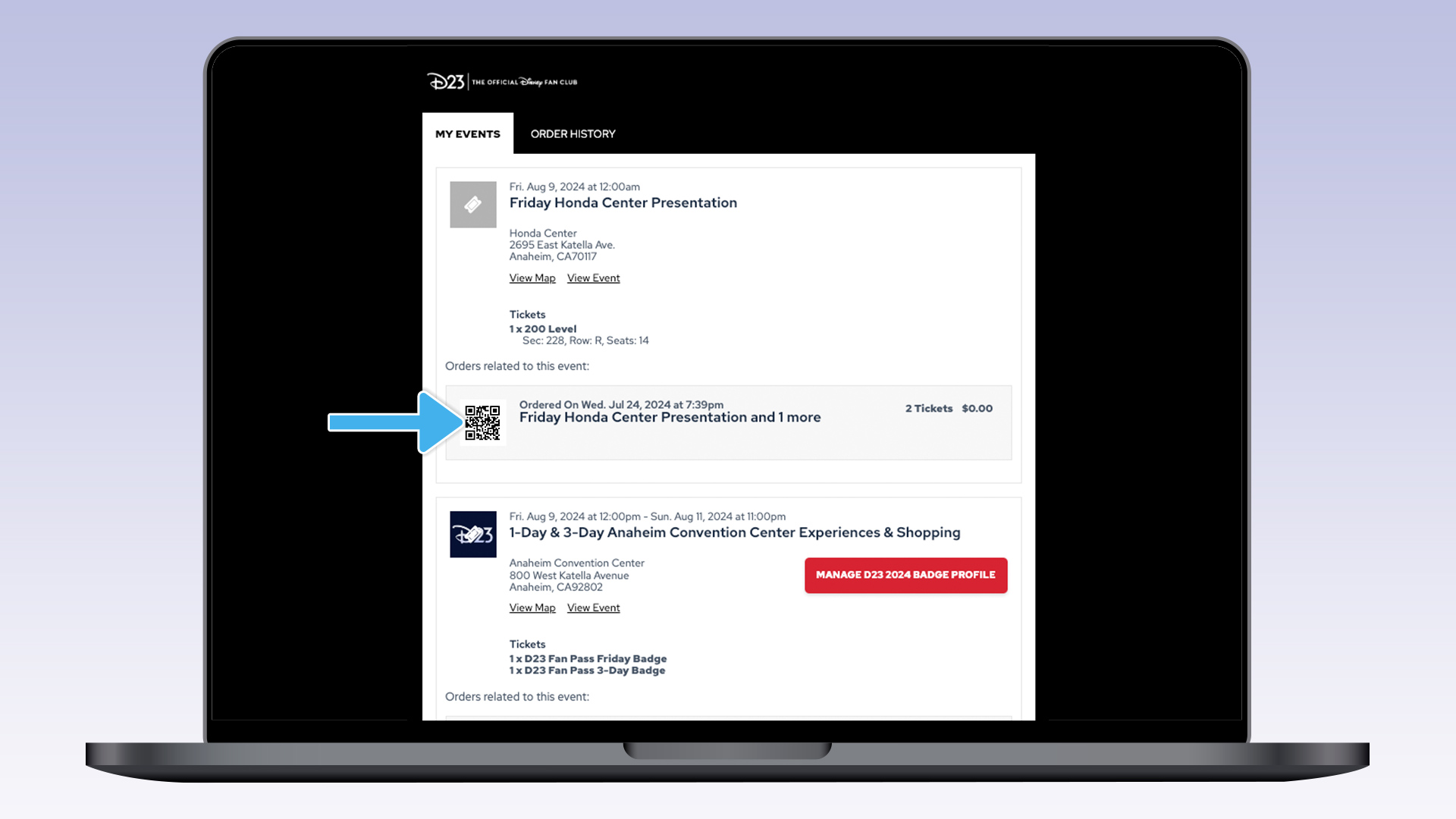The image shows a laptop screen displaying the "My Events" section for a D23 member. The page lists the user's upcoming events and order history.