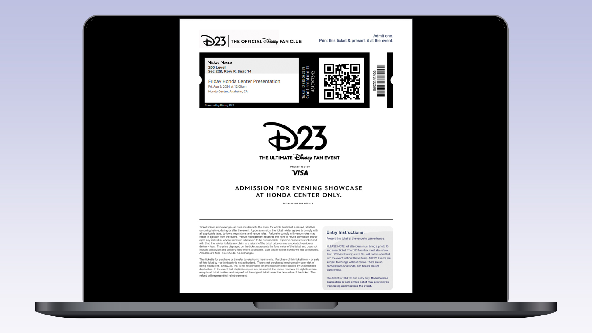 The image shows a laptop screen displaying an electronic ticket for a D23 event. The top part of the ticket features the D23 logo and the text "THE OFFICIAL Disney FAN CLUB."