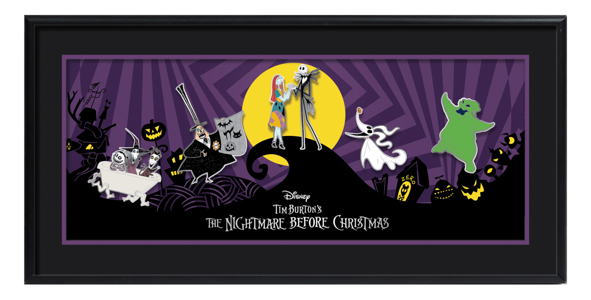 A framed artwork featuring characters from Tim Burton's 'The Nightmare Before Christmas.' The background is purple with black silhouettes of a spooky landscape, including a hill with a spiral peak, pumpkins, and gravestones. In the center, Jack Skellington stands on the spiral hill holding hands with Sally under a yellow moon. On the left, Lock, Shock, and Barrel are in a walking bathtub, and the Mayor holds a scroll with a spooky face. On the right, Zero, the ghost dog, floats with his glowing nose, and Oogie Boogie, the green villain, is depicted. The title 'The Nightmare Before Christmas' is at the bottom.