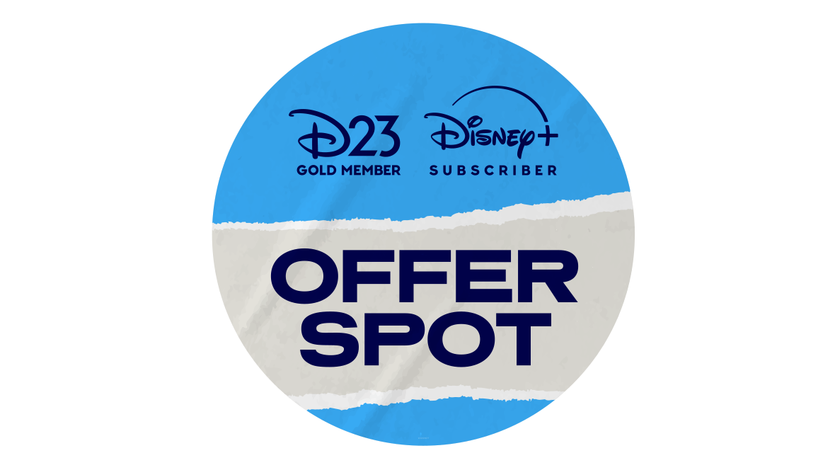 The image is a circular badge or spot labeled "OFFER SPOT." The top half of the circle is blue with the logos of "D23 Gold Member" and "Disney+ Subscriber." The bottom half is a light beige color with the words "OFFER SPOT" in bold, dark blue letters. The design features a torn paper effect separating the blue and beige sections, giving it a distinctive and engaging look.