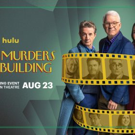 An image that reads “hulu. Only Murders in the Building. Special Screening Event at the El Capitan Theatre Aug 23” all positioned on the left-hand side. On the right side of the image, the three main characters, from left to right, Oliver Putnam (Martin Short), Charles-Haden Savage (Steve Martin), and Mabel Mora (Selena Gomez) are wrapped in a yellow and red roll of film with sepia-toned photos of other characters.
