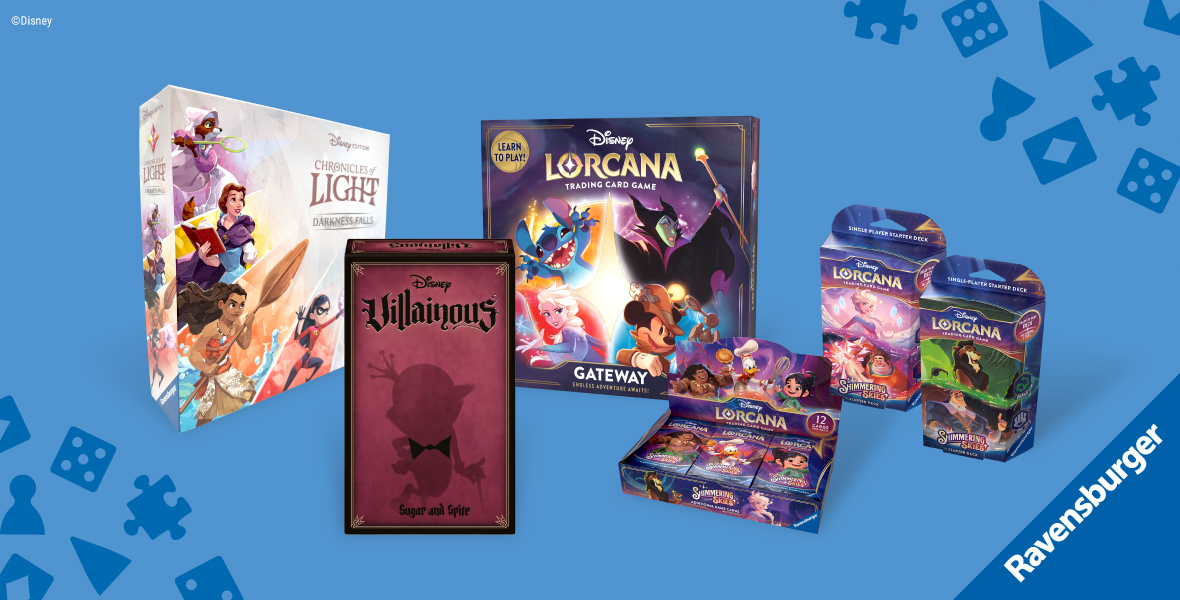 Promotional image featuring various Disney-themed board games and card games from Ravensburger. The products displayed include 'Chronicles of Light: Darkness Falls,' 'Disney Villainous: Sugar and Spice,' and several items from the 'Disney Lorcana' trading card game series, including the Gateway box set, single-player starter decks, and a display box of booster packs. The background is blue with abstract shapes representing game pieces, and the Ravensburger logo is prominently displayed in the bottom right corner.