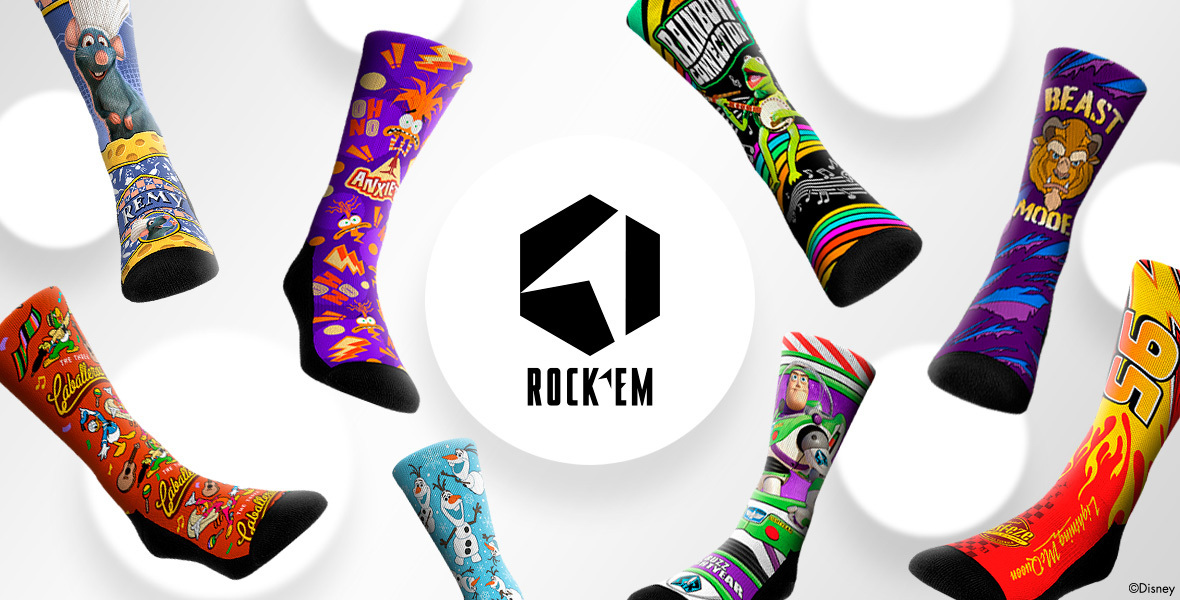 Promotional image for Rock 'Em Socks featuring a variety of colorful, themed socks. Each sock has a different design inspired by popular characters and movies, including Ratatouille, Toy Story, Frozen, and Cars. The Rock 'Em logo is centered in the middle of the image.