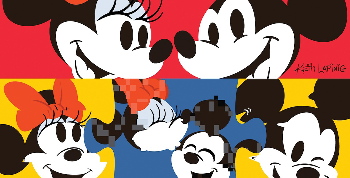 Artwork by Keith Lapinig featuring stylized depictions of Mickey Mouse and Minnie Mouse. The top half shows Mickey and Minnie facing each other against a red background, while the bottom half shows a pixelated version of Mickey and Minnie with a blue and yellow background. Both sections highlight the iconic characters in a playful and modern design.