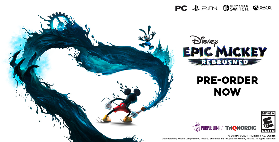 Promotional image for the video game 'Disney Epic Mickey Rebrushed' with a pre-order call to action. The image features Mickey Mouse and Oswald the Lucky Rabbit interacting with a large splash of blue and black paint. Available for PC, PlayStation, Nintendo Switch, and Xbox.