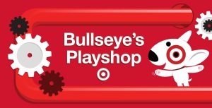 Image for Bullseye's PlayShop by Target. The image features a cartoon illustration of Bullseye, Target's mascot, a white bull terrier with a red Target logo around its left eye. The background is red with white and black gears. The text 'Bullseye's PlayShop' is prominently displayed in white, with the Target logo below the text.