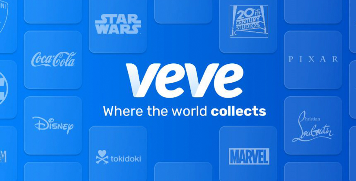 Blue background with various brand logos, including Star Wars, 20th Century Studios, Coca-Cola, Disney, Marvel, and others. The central text reads 'veve' with the tagline 'Where the world collects.'