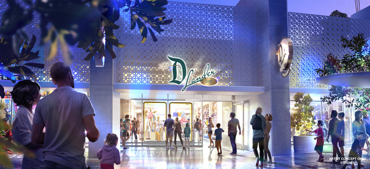 The storefront of the D-Lander Shop at Downtown Disney District, with a sleek, contemporary design. The entrance features a sign with elegant cursive lettering. The scene is set during the evening, with visitors casually strolling and looking into the store, which appears to sell a variety of Disney-themed merchandise, including fashion items.