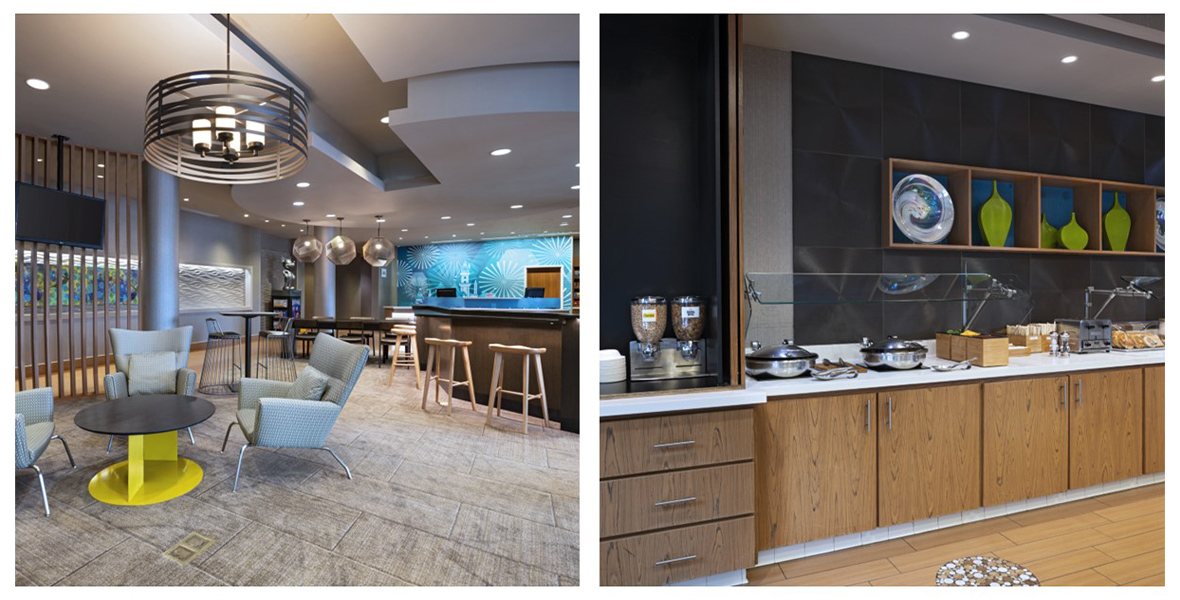 Two photos side-by-side. The left image shows a modern and brightly lit hotel lobby. There are intricate light fixtures, in addition to three groupings of tables and chairs, a high-top area, and mounted television. The right image shows a hotel breakfast bar. The cereal station, hot bar, and pastries sit on a white counter atop light brown cabinets, with modern art sculptures mounted on the wall behind them. 