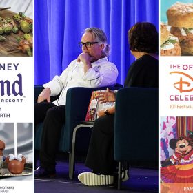 A collage featuring two cookbook covers and an image of a panel discussion. The left side shows the cover of "Delicious Disney Disneyland Resort: Recipes & Stories from the Happiest Place on Earth," featuring images of Disneyland-themed treats, including a Mickey Mouse-shaped dessert and Monte Cristo sandwich, with Mickey Mouse in the top left corner. The center image captures a chef speaking during a panel discussion. On the right, the cover of "The Official Disney Parks Celebration Cookbook: 101 Festival Recipes from the Delicious Disney Vault" is shown, with images of festival dishes and Mickey Mouse in festive attire.