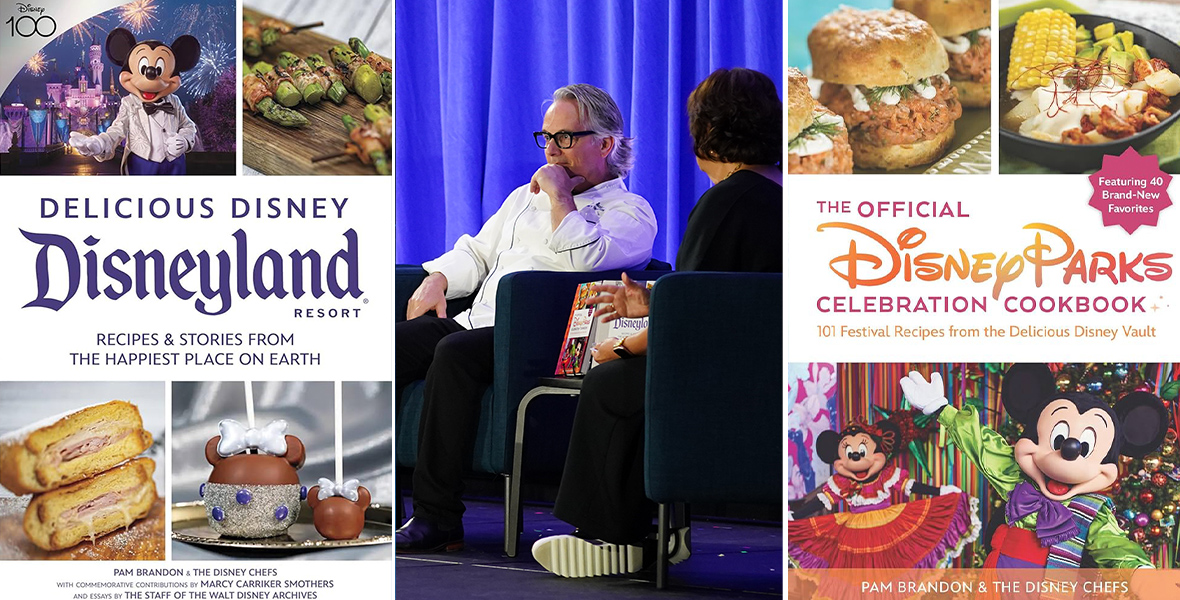 A collage featuring two cookbook covers and an image of a panel discussion. The left side shows the cover of "Delicious Disney Disneyland Resort: Recipes & Stories from the Happiest Place on Earth," featuring images of Disneyland-themed treats, including a Mickey Mouse-shaped dessert and Monte Cristo sandwich, with Mickey Mouse in the top left corner. The center image captures a chef speaking during a panel discussion. On the right, the cover of "The Official Disney Parks Celebration Cookbook: 101 Festival Recipes from the Delicious Disney Vault" is shown, with images of festival dishes and Mickey Mouse in festive attire.