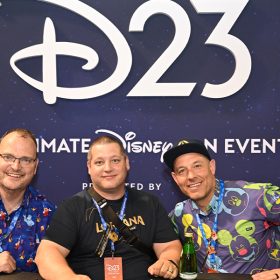 Disney Lorcana creative team members, from left to right, Ryan Miller, Steve Warner, and Shane Hartley are ready to meet fans at a signing event at D23: The Ultimate Disney Fan Event.