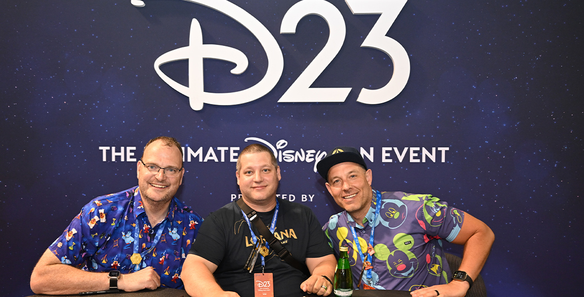 Disney Lorcana creative team members, from left to right, Ryan Miller, Steve Warner, and Shane Hartley are ready to meet fans at a signing event at D23: The Ultimate Disney Fan Event.