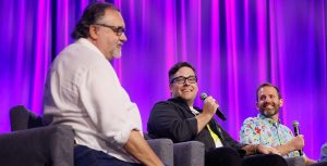 From left to right are pictured Disney Legend Don Hahn, Christopher Ninness, and Eric Kimelton, appearing on a panel about the making of The Goofy Movie at D23: The Ultimate Fan Event.