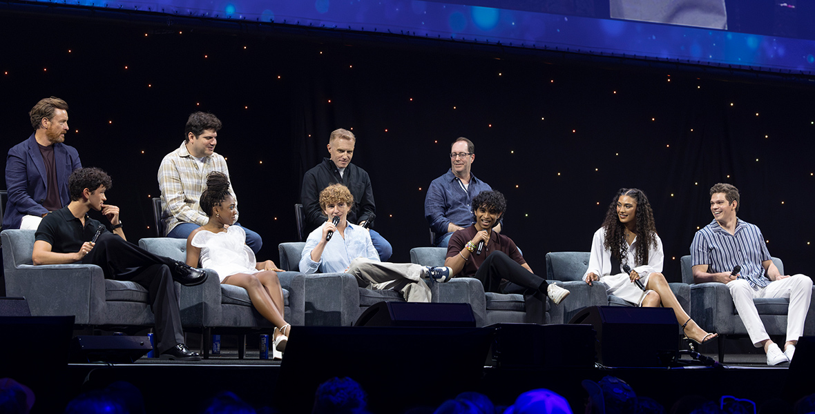 On Saturday, August 10, 2024, at the Anaheim Convention Center, fans of all ages and from around the world experienced the Percy Jackson and The Olympians Panel, which featured—pictured, from left to right—Charlie Bushnell, Toby Stephens, Leah Sava Jeffries, Dan Shotz (Executive Producer), Walker Scobell, Jonathan E. Steinberg (Co-Creator/Executive Producer), Aryan Simhadri, Craig Silverstein (Executive Producer), Dior Goodjohn, and Daniel Diemer.