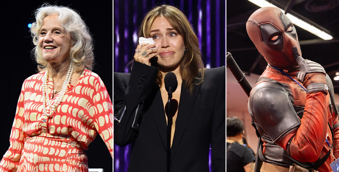 A collage of three images. On the left, Lesley Ann Warren, dressed in a red and white patterned outfit, smiles while on stage. In the center, Miley Cyrus is seen wiping away tears during an emotional moment while speaking at a podium. On the right, a person in a Deadpool costume poses with a playful expression, holding a finger to their mouth in a classic "shh" gesture.