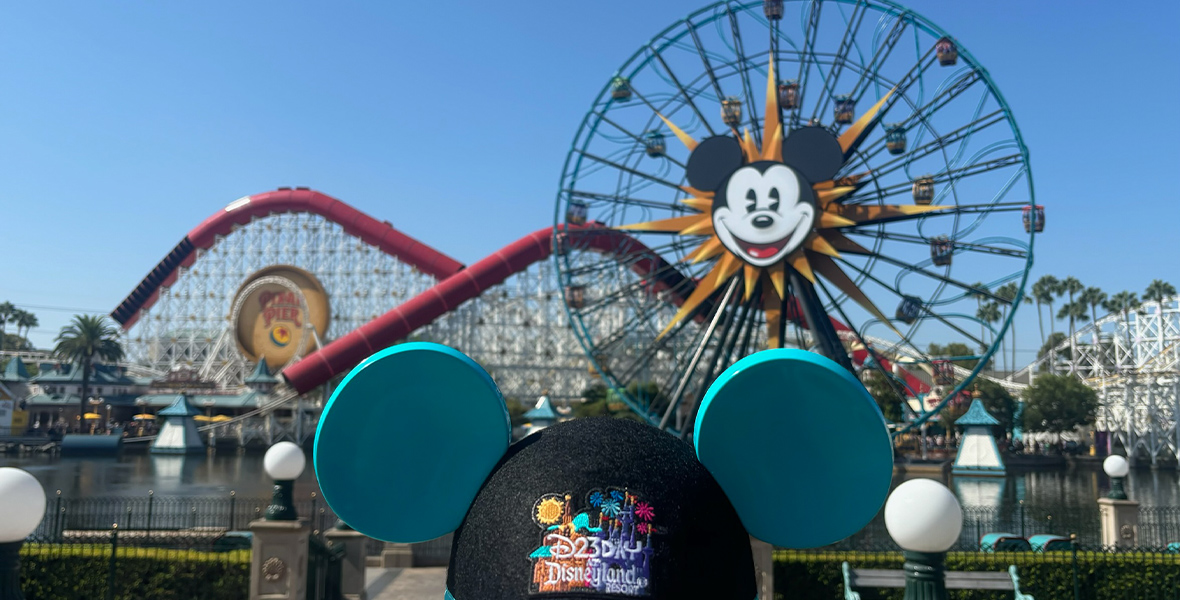 D23 Day at Disneyland Resort event blue and black Mickey Ear Hat in Disney California Adventure with the Incredicoaster and Pixar Pal-A-Round visible behind the hat.