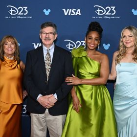 Disney Legends Jodi Benson, Paige O'Hara, Mark Henn, Anika Noni Rose, Linda Larkin, and Ming Na-Wen pose on the red carpet at D23: The Ultimate Disney Fan Event.