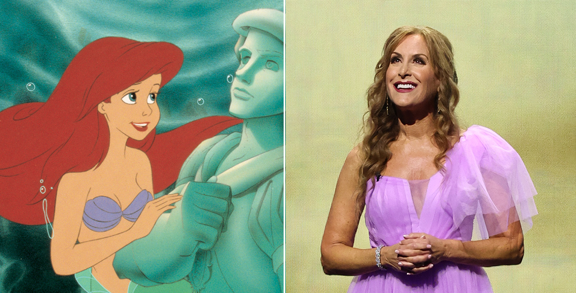 Ariel cozies up to a statue of Prince Eric in The Little Mermaid. Inset: Disney Legend Jodi Benson.