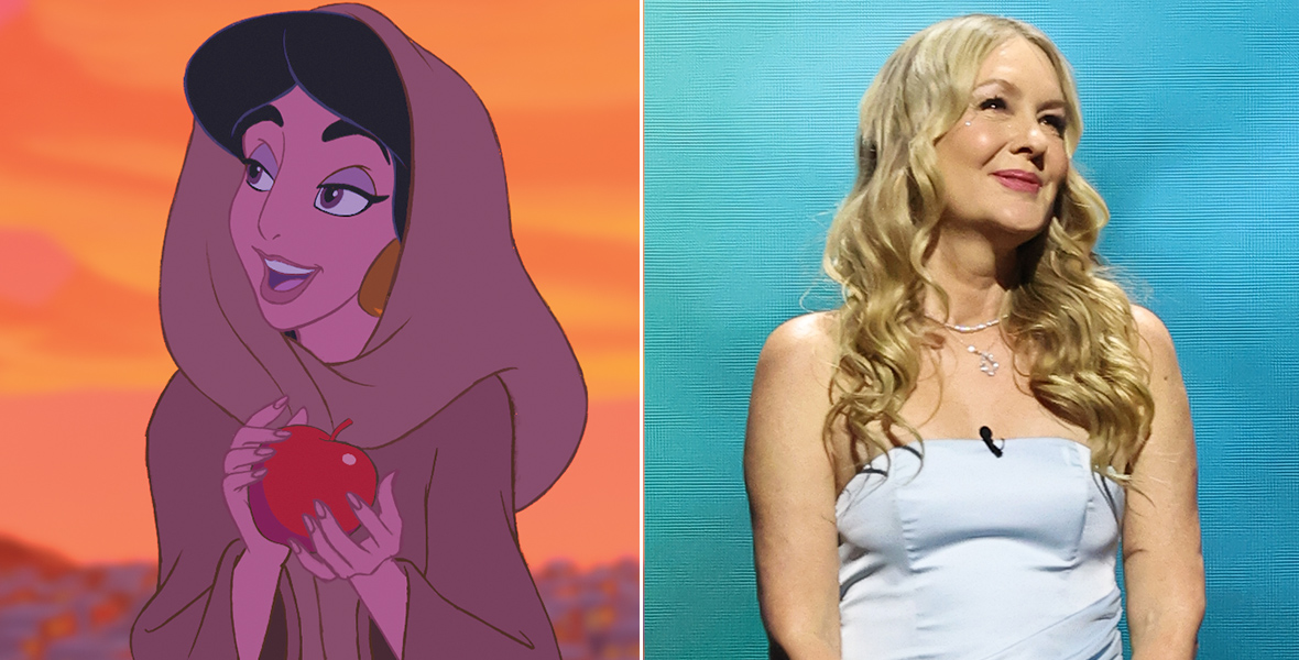 Aladdin looks at Jasmine, who is wearing a disguise and holding an apple, in Aladdin. Inset: Disney Legend Linda Larkin.