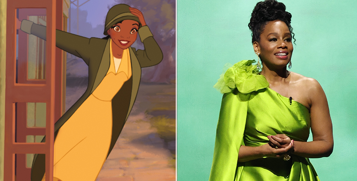 Tiana hangs off a trolley in The Princess and the Frog. Inset: Disney Legend Anika Noni Rose.