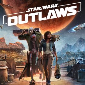 Main horizontal game key art for Star Wars Outlaws featuring the ultimate outlaw crew—Kay Vess, Nix, and ND-5 in the center. Star Wars landscapes for the windswept moon of Toshara and the snowy planet of Kijimi and ships are in the background, and the Star Wars Outlaws logo is above the characters.