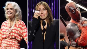 A collage of three images. On the left, Lesley Ann Warren, dressed in a red and white patterned outfit, smiles while on stage. In the center, Miley Cyrus is seen wiping away tears during an emotional moment while speaking at a podium. On the right, a person in a Deadpool costume poses with a playful expression, holding a finger to their mouth in a classic "shh" gesture.