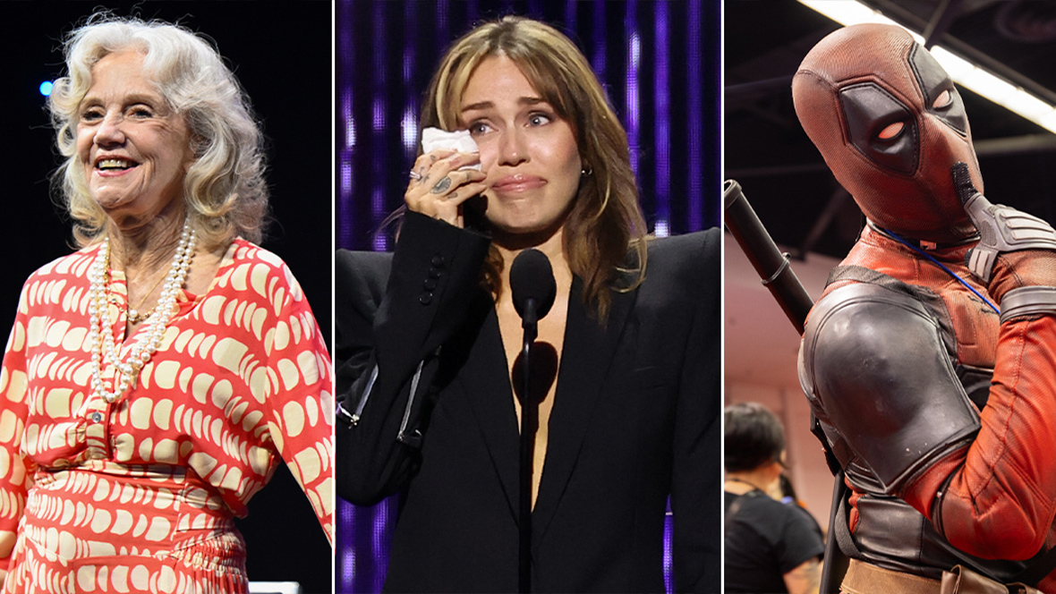 A collage of three images. On the left, Lesley Ann Warren, dressed in a red and white patterned outfit, smiles while on stage. In the center, Miley Cyrus is seen wiping away tears during an emotional moment while speaking at a podium. On the right, a person in a Deadpool costume poses with a playful expression, holding a finger to their mouth in a classic "shh" gesture.