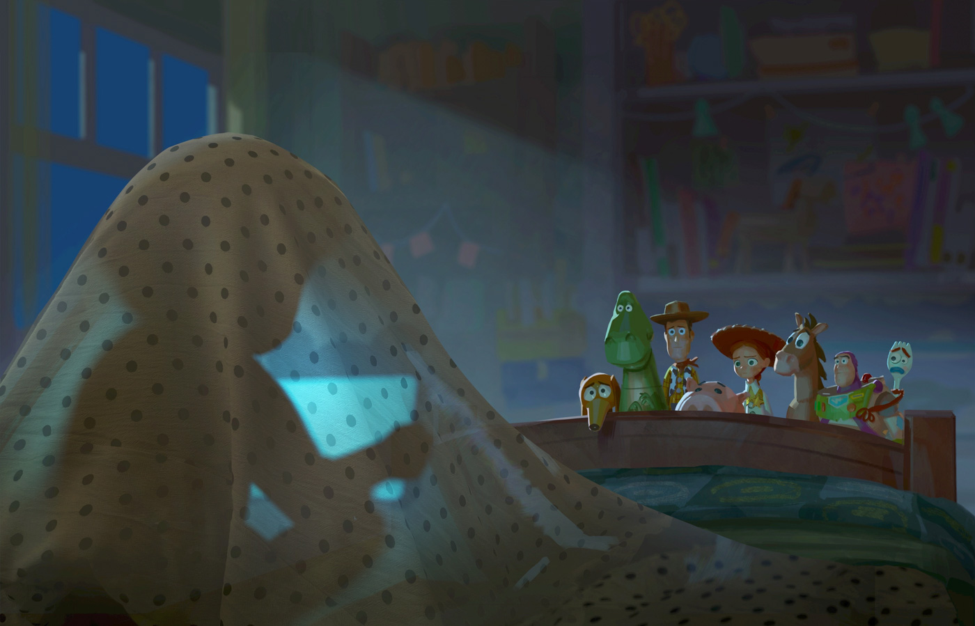 In a scene from the upcoming movie Toy Story 5, a child (left) is sitting beneath polka dot sheets, playing on an electronic device. To the right of the frame, atop the bed's footboard, are Slinky Dog (a toy dog), Rex (a toy dinosaur), Woody (a toy cowboy), Hamm (a toy pig), Jessie (a toy cowgirl), Bullseye (a toy horse), Buzz Lightyear (a toy superhero action figure), and Forky (a toy fork). They are all looking worriedly at the child. In the background, there is an open window, and a bookshelf filled with more toys and books.