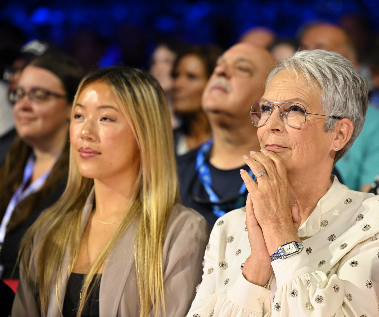 Jamie Lee Curtis appears in the front row of the audience at the Disney Legends Awards ceremony at the Honda Center in Anaheim, California, as part of D23: The Ultimate Disney Fan Event.