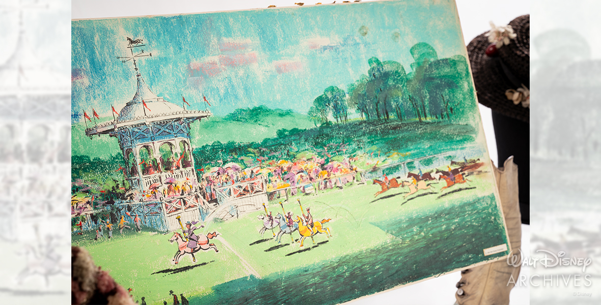 ictured is a colorful pastel drawing showcasing a country scene and horse race. At the left of the drawing is a white structure with spectators watching as racers are seen riding on their horses. Mary Poppins leads the race, riding a pink-colored carousel horse with the Banks children and Bert following behind her.