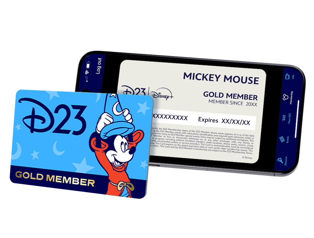 An image showcasing the D23 Gold Member card and its digital version displayed on a smartphone screen. The card features an illustration of Mickey Mouse in his Sorcerer's Apprentice outfit, with the D23 logo and the text "GOLD MEMBER" at the bottom. The digital version on the smartphone shows the member's name as "MICKEY MOUSE," the membership status as "GOLD MEMBER," and placeholders for the membership number and expiration date. The phone screen includes a navigation menu on the right side, indicating options like "Home," "My D23," "Events," and "Discover."