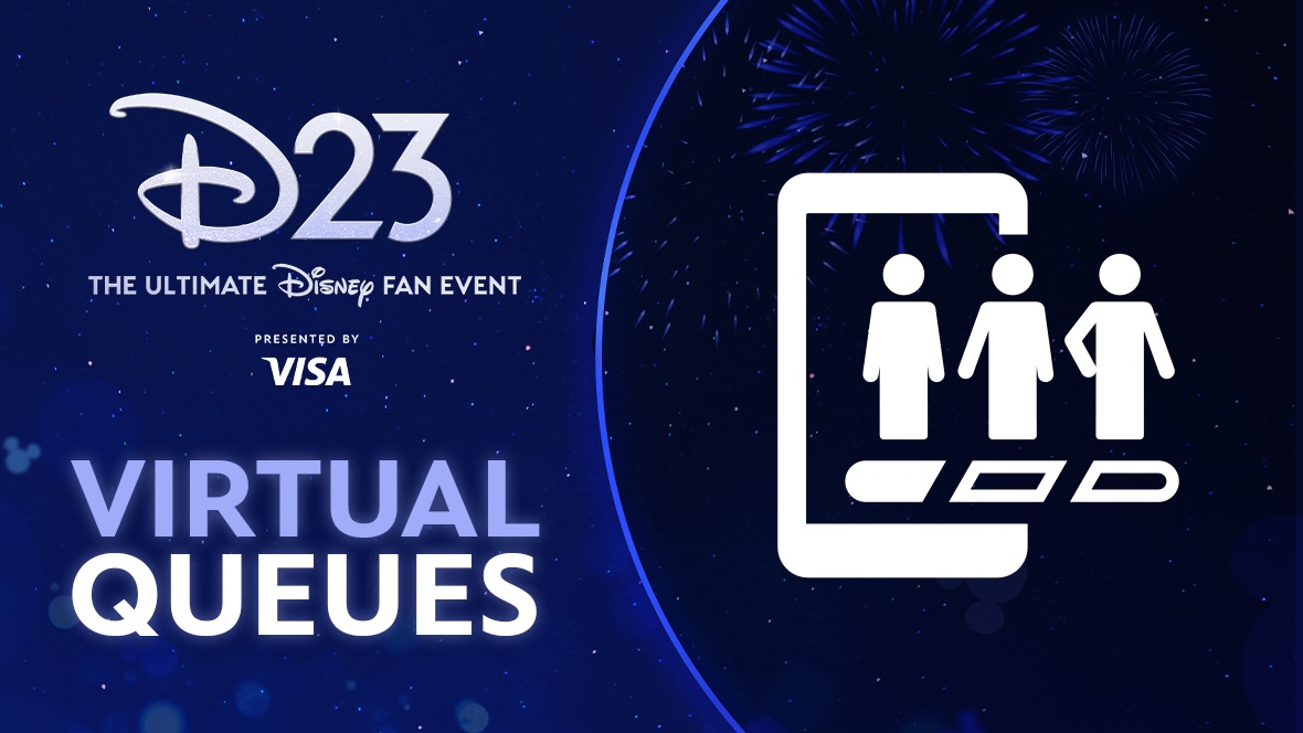 Promotional graphic for the D23 Ultimate Disney Fan Event presented by Visa. The background features a night sky with fireworks. On the left, the D23 logo and text "The Ultimate Disney Fan Event" are displayed. Below, the text "Virtual Queues" is written in large letters. On the right, there is an icon of a smartphone with three figures standing in line, representing the concept of virtual queues.