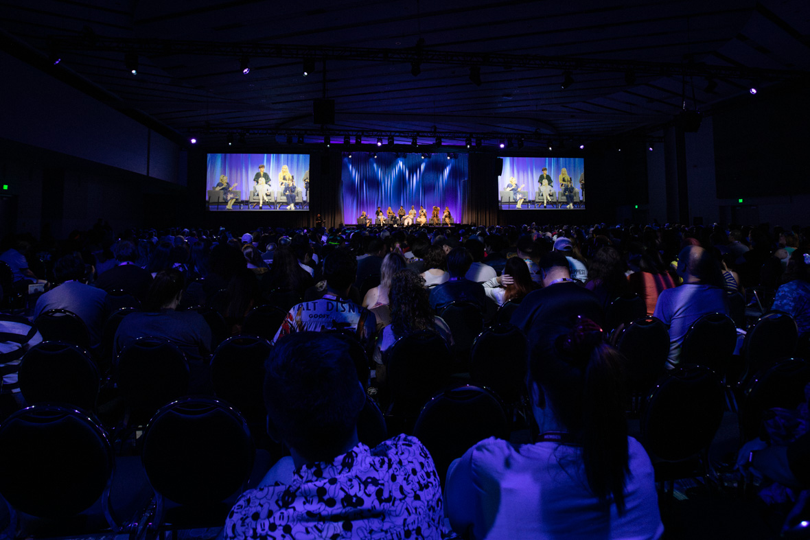 A wide shot of the “Stay Tuned: You’re Watching Disney Channel” panel at D23: The Ultimate Disney Fan Event at the Anaheim Convention Center.