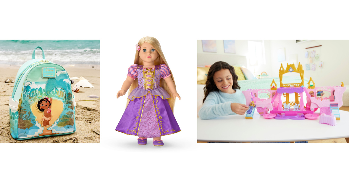 Image to the left is a Moana Loungefly mini backpack with a turquoise water design and young Moana on the bag with a beach background. The center image is the Rapunzel American Girl Doll wearing the purple and gold Rapunzel dress. The right image is a young girl playing with a pink carriage toy that transforms into a castle.