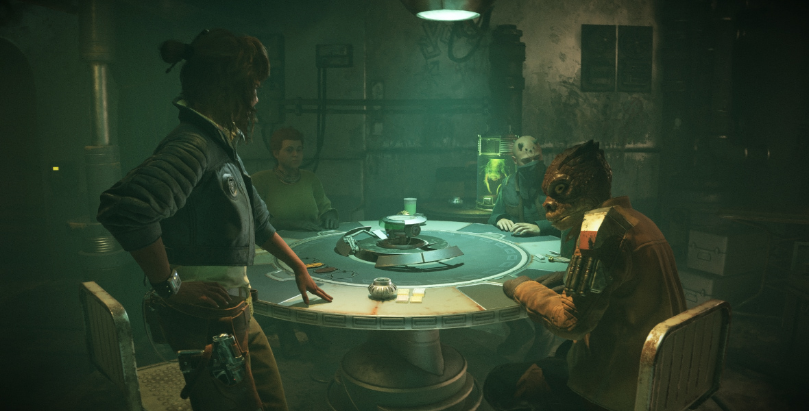 In the game Star Wars Outlaws, Kay Vess standing near a table where the game of Sabacc is being played. Three other characters are seated at the table that is lit within a dark room.