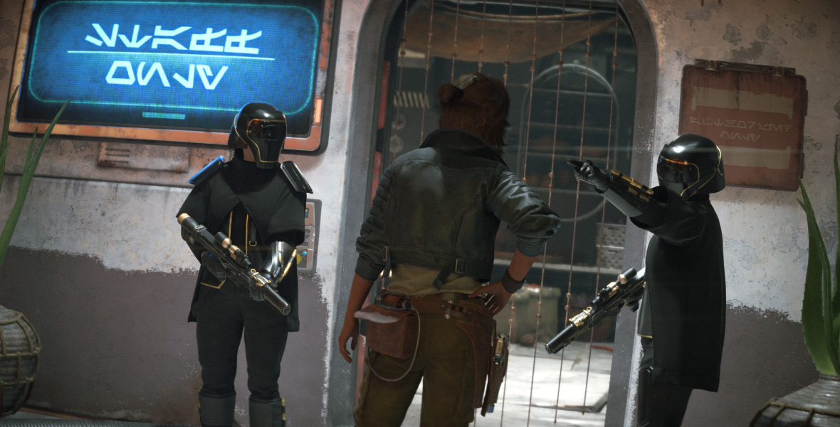 Kay Vess is interrogated by two Crimson Dawn guards with blasters in Star Wars Outlaws. The guards are wearing dark clothing and black helmets covering their faces.