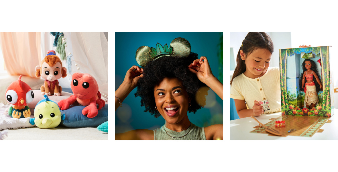 The image to the left features four plushes set on multiple pillows. The four are inspired by Disney’s Heihei the chicken from Moana, Abu the monkey from Aladdin, Flounder the fish and Sebastian the crab from The Little Mermaid. The center image is a woman wearing the green Tiana ear headband that has her crown. The right image is a young girl playing with the Pua figurine from her Moana doll set.