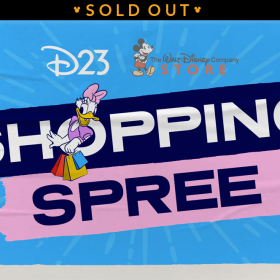 The D23 and The Walt Disney Company Store logos are on top of bold highlighted text that reads “Shopping Spree” with blue lightning marks bursting out around the words against a bright blue background. Daisy Duck, smiling and leaning back, is positioned in the “o” of the word shopping and is holding red, yellow, and blue shopping bags. A banner at the top reads SOLD OUT.