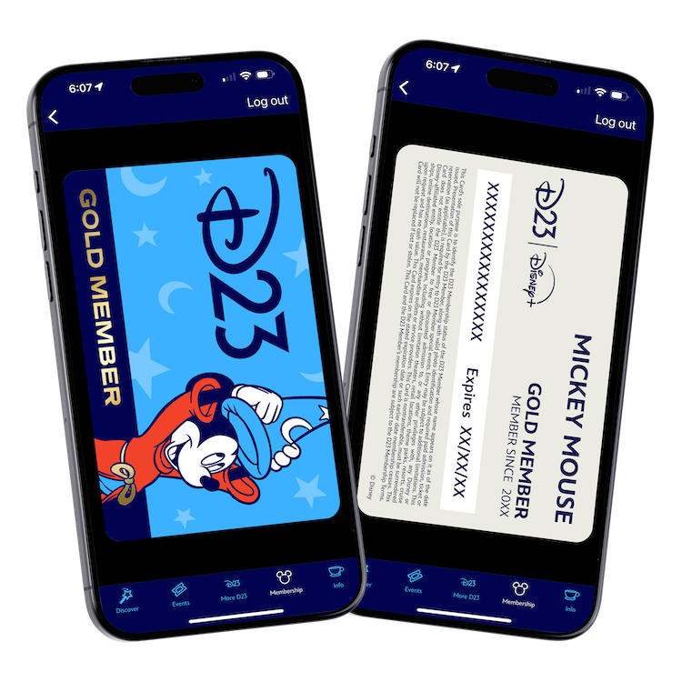 Two smartphones display the digital D23 Gold Member card and its details. The phone on the left shows the front of the card with the D23 logo and an illustration of Mickey Mouse in his Sorcerer's Apprentice outfit, with the text "GOLD MEMBER" along the side. The phone on the right displays the back of the card, showing the member's name as "MICKEY MOUSE," the membership status as "GOLD MEMBER," and placeholders for the membership number and expiration date. Both screens have a navigation bar at the bottom with icons for "Discover," "Events," "More D23," "Membership," and "Info."