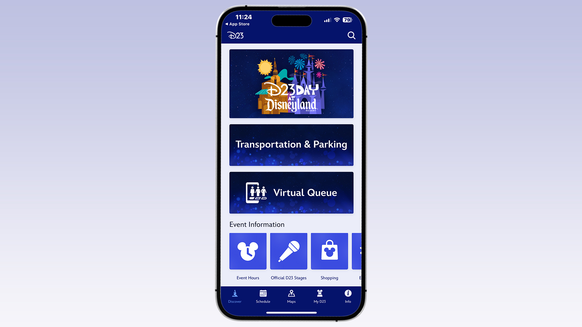 A screenshot of the D23 mobile app home screen displaying options for D23 Day at Disneyland, Transportation & Parking, Virtual Queue, and Event Information including Event Hours, Official D23 Stages, and Shopping. The bottom navigation bar includes icons for Discover, Schedule, Maps, My D23, and Info. The screen also shows the time and app store information at the top.