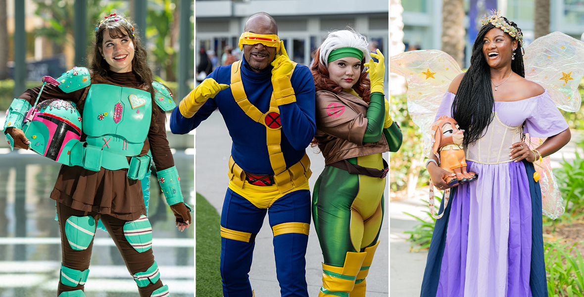 A vibrant image showcasing three cosplayers at an event. On the left, a woman is dressed in a Mandalorian-inspired armor suit in mint green and brown, holding a matching helmet. In the center, two cosplayers portray X-Men characters Cyclops and Rogue, with Cyclops in his blue and yellow suit striking a signature pose and Rogue in her brown and green outfit. On the right, a woman dressed as a fairy in a flowing lavender gown with iridescent wings is holding a plush character.