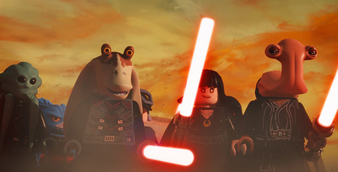 A scene from LEGO Star Wars: Rebuilding the Galaxy featuring (L-R) Darth Kit Fisto, Darth Nubs, Darth Jar Jar, Darth Rose Tico, and Darth Hammerhead. Darth Jar Jar, Darth Rose Tico, and Darth Hammerhead all hold red lightsabers. The background shows a yellow-orange sky.