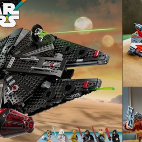 Three LEGO®️ Star Wars™ building sets featuring The Dark Falcon building set box packaging; Jedi Bob’s Starfighter building set fully built on a table; and two kids playing with the TIE Fighter & X-Wing Mash-up building set.