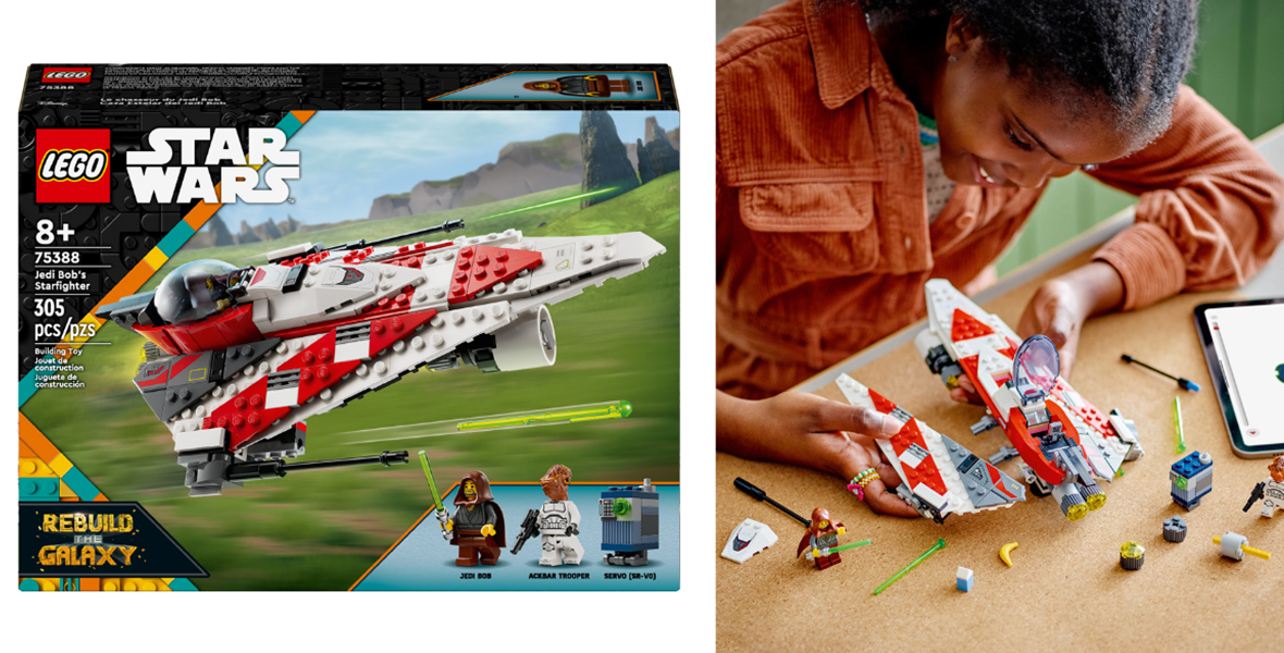 The box of the Jedi Bob’s Starfighter LEGO set is on the left showing an image of the set fully built with the included LEGO Star Wars minifigures, while on the right is a child in the process of assembling the set on a table. 