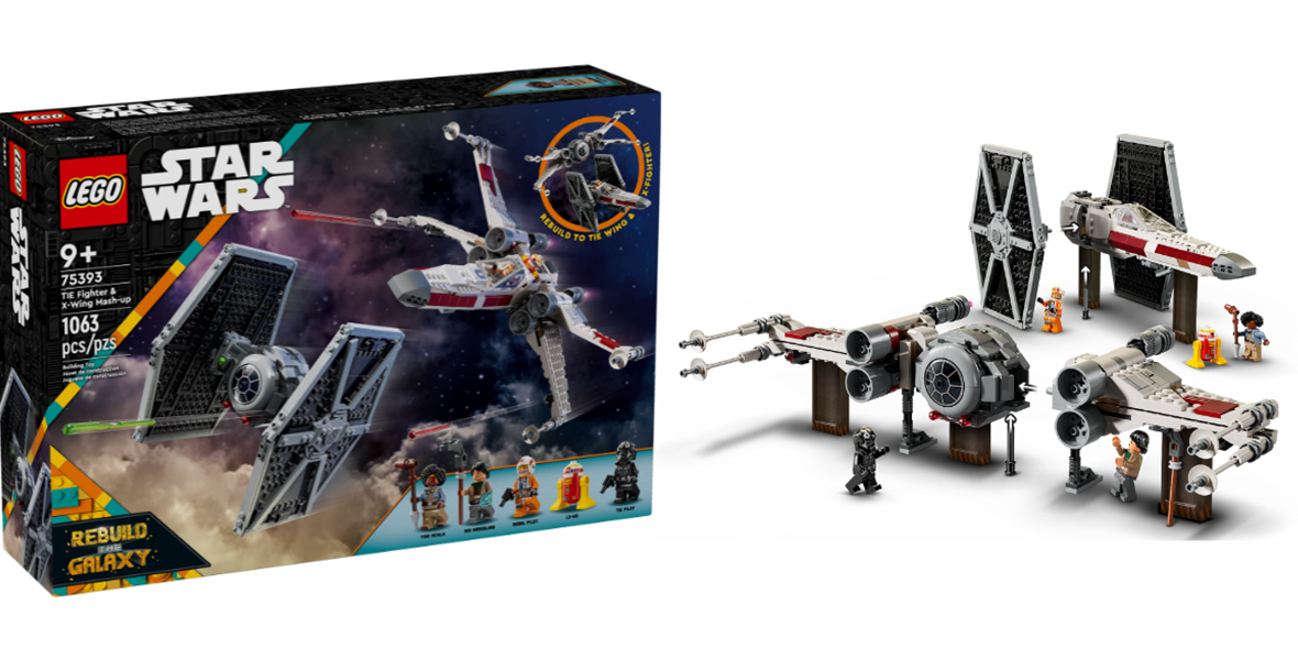 The box of the TIE Fighter & X-Wing Mash-up set is on the left showing the two ships built on the front with the included LEGO Star Wars minifigures. The right image shows a different way to build the ships by mixing pieces of each to create mash-up ships.