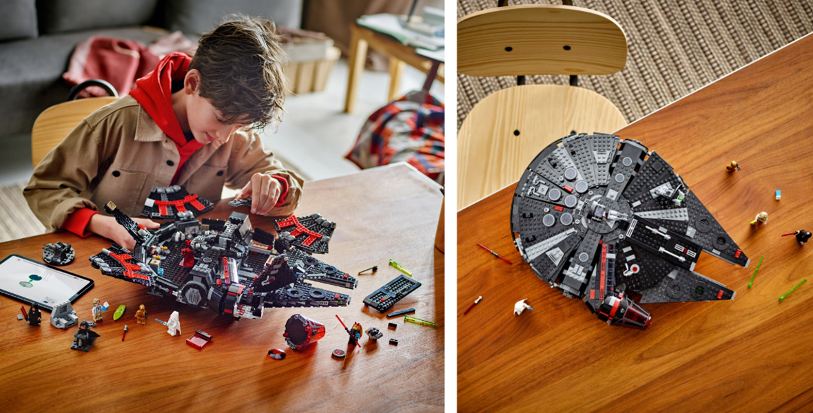 A kid is in the process of building The Dark Falcon LEGO set on a table in the left image. The photo on the right shows the set fully built from a top view, LEGO Star Wars minifigures beside it. 