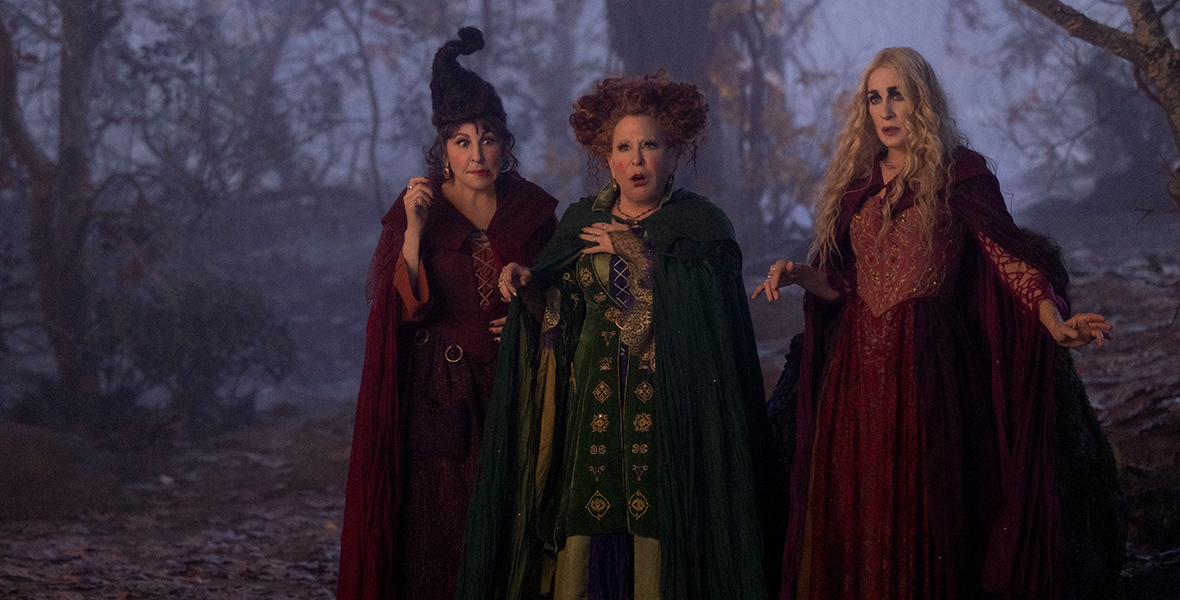 In a scene from Hocus Pocus 2, from left to right, Mary Sanderson (Kathy Najimy), Winifred “Winnie” Sanderson (Bette Midler), and Sarah Sanderson (Sarah Jessica Parker) stand in a forest. Mary and Sarah are dressed in burgundy red gowns with lace details and cloaks, while Winnie wears a green cloak over a green and gold dress. Mary also dons a black witch’s hat. All three have expressions of confusion and shock. The background features a desolate forest with scattered dead leaves.