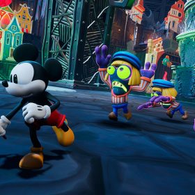 Mickey Mouse runs to the left of the image, holding his paint brush. He is being chased by three blob creatures who are all wearing matching striped shirts, pants, and wigs.